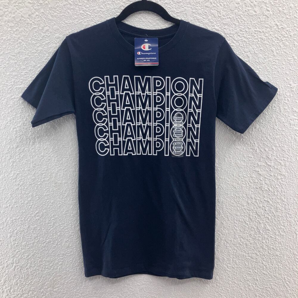 Champion Navy Blue White Spell Out Embroidered Logo Short Sleeve Crew Tee Shirt